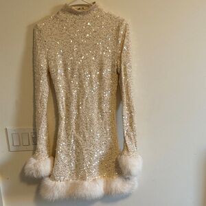 Sequin Long Sleeve Dress with Faux Fur Trim